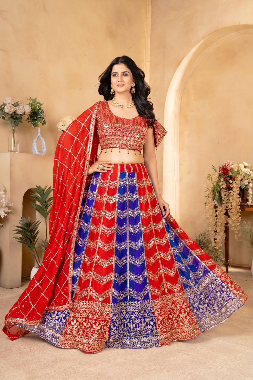MULTI COLOR PURE FAUX GEORGEET EMBROIDERY SEQUENCE DESIGN WORK LEHENGA - INSPIRED | Ready To Wear - qivii