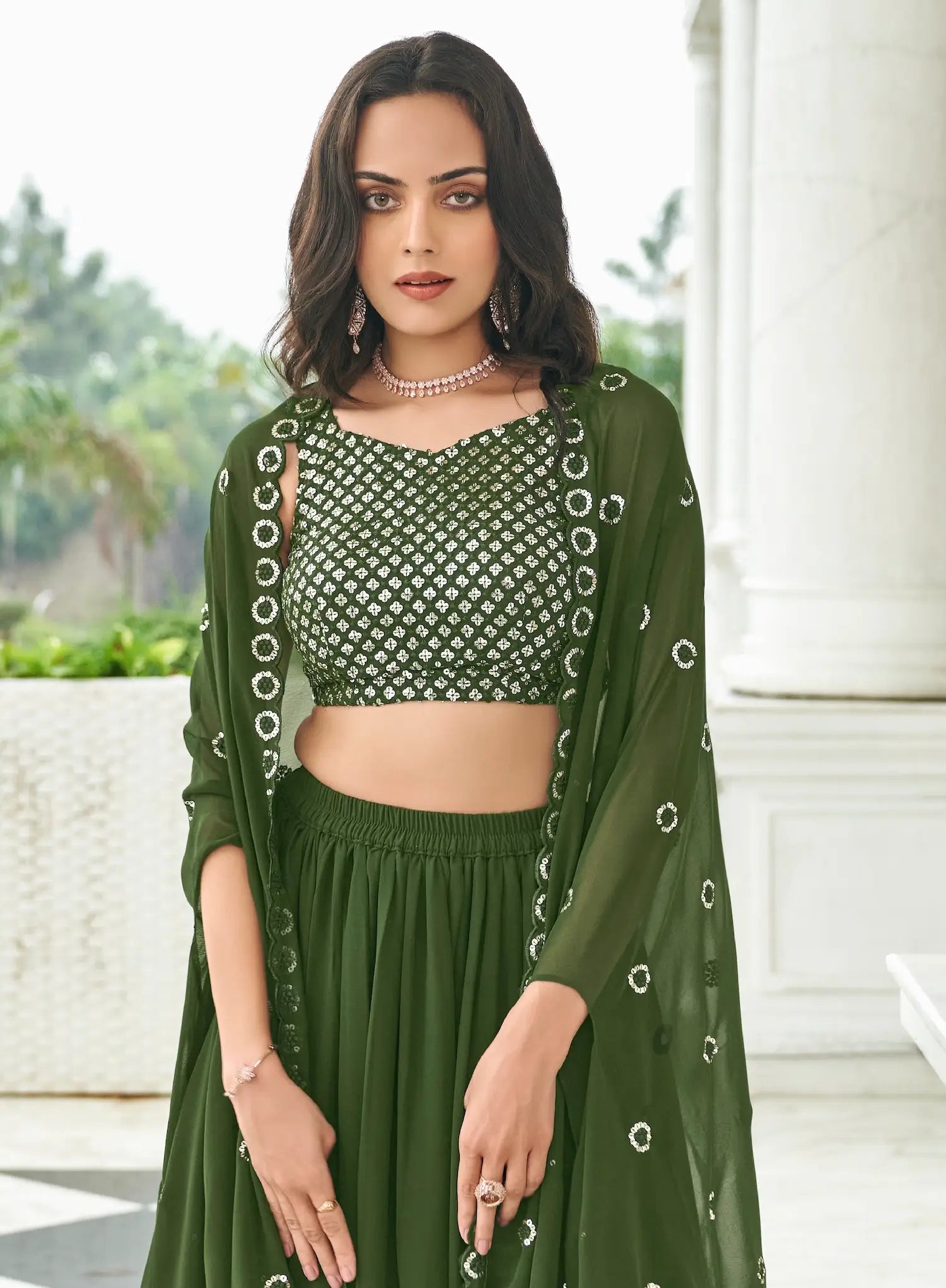 Olive Green Georgette Thread & Sequence Embroidery Work Indo Western Lehenga Choli | Ready To Wear - qivii
