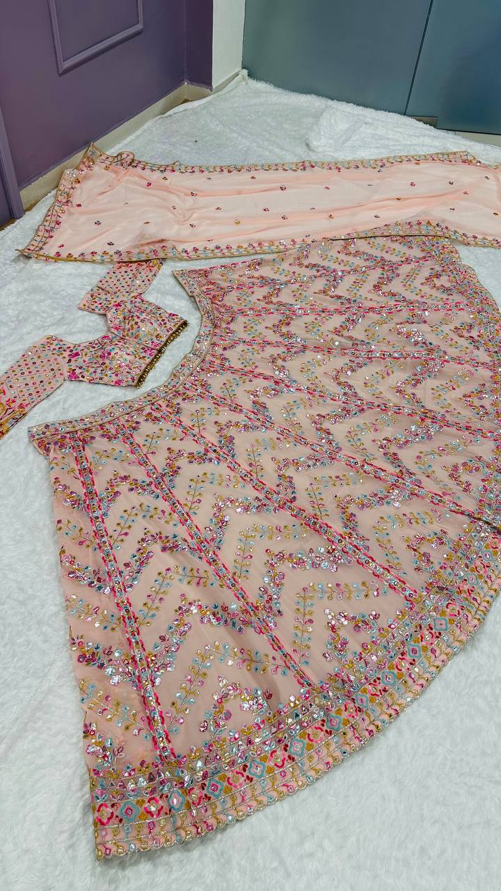 Peach Faux georgette lehenga with paper mirror - INSPIRED | Ready To Wear - qivii