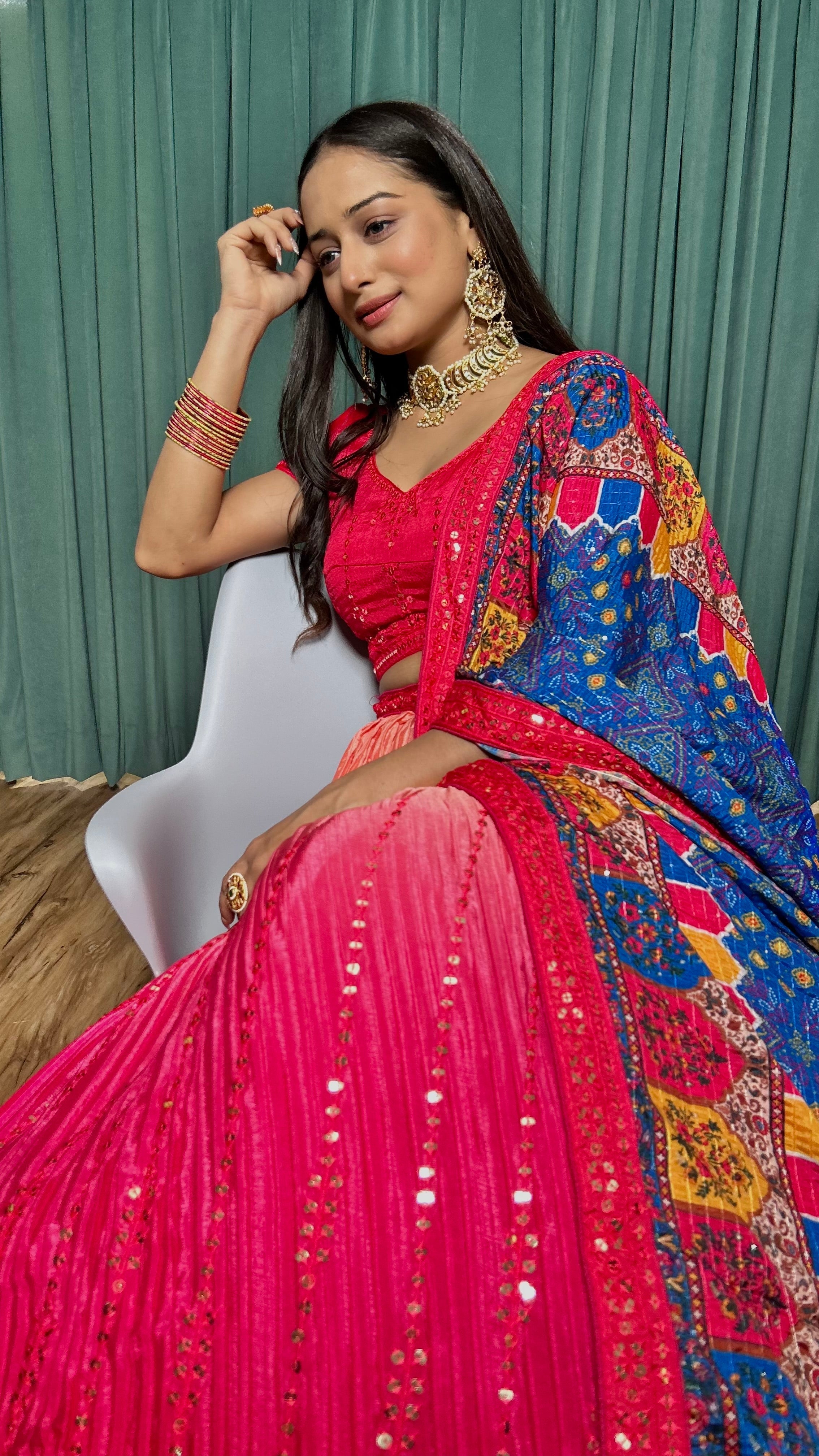 Pink Chinon silk lehnga with 9mm sequins & thread work | Ready To Wear - qivii