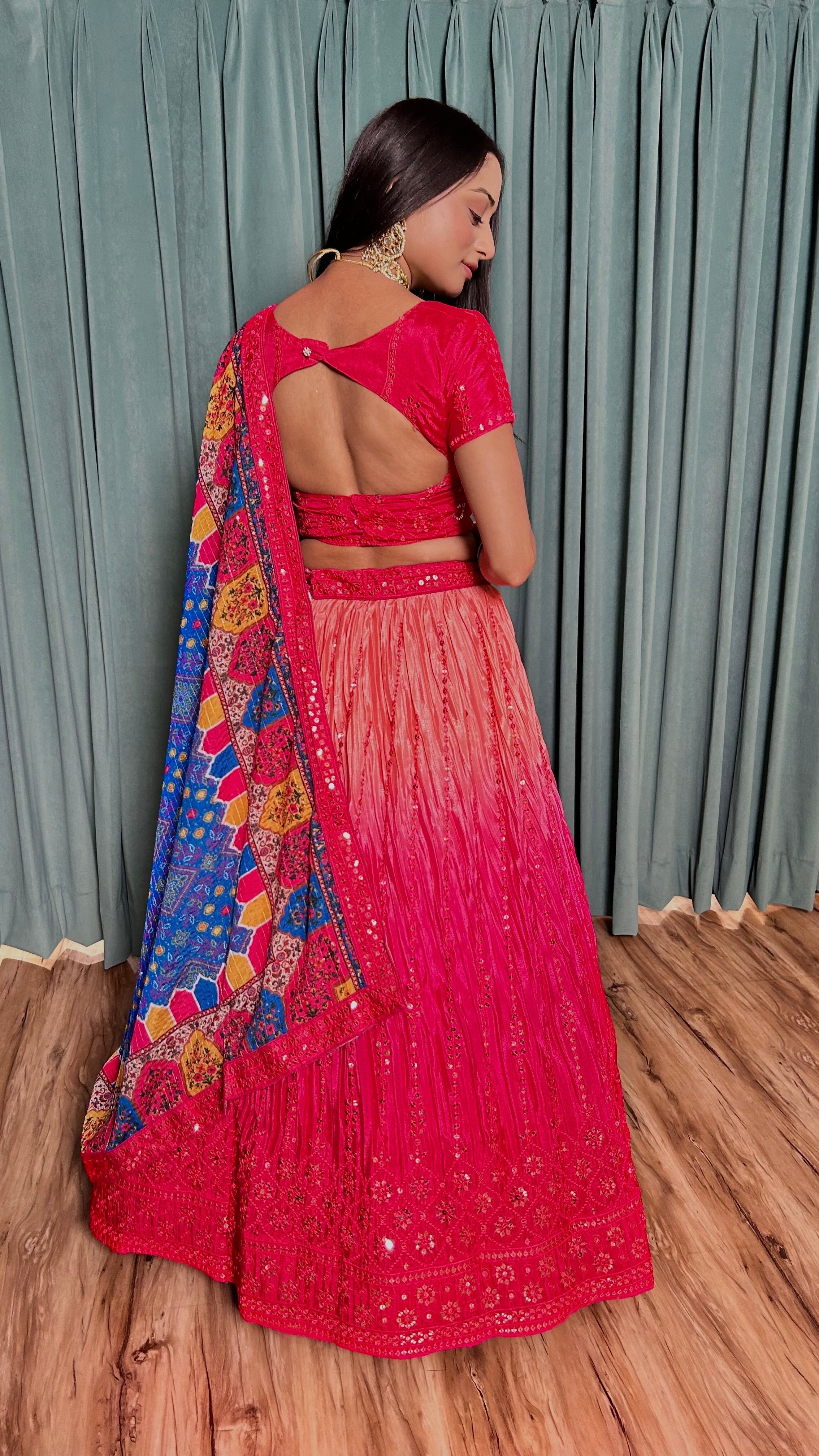Pink Chinon silk lehnga with 9mm sequins & thread work | Ready To Wear - qivii