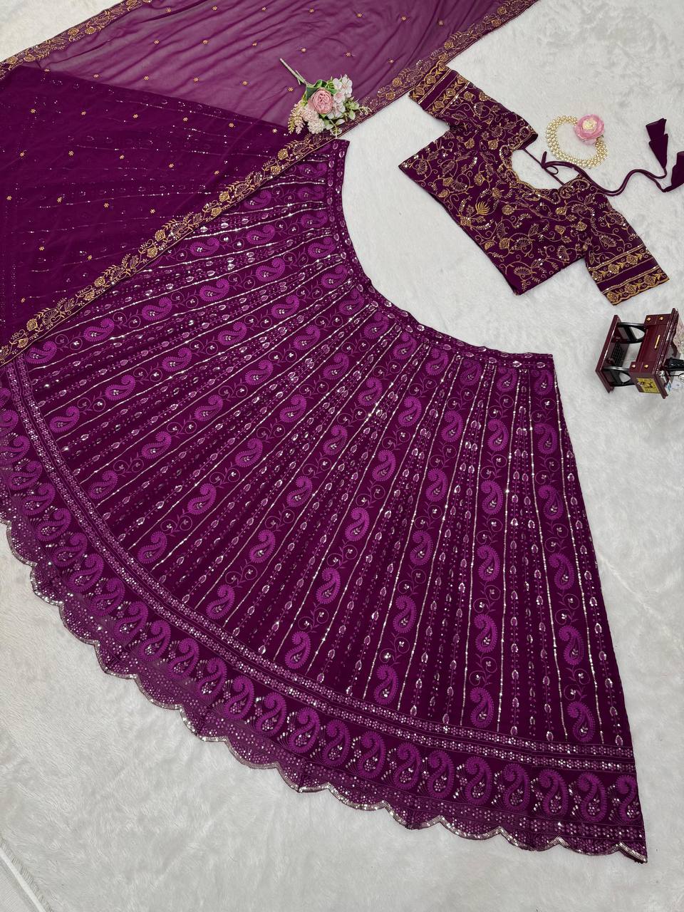 Purple Foux Gorgette thread with Sequnce Lehenga Choli - INSPIRED | Ready To Wear - qivii
