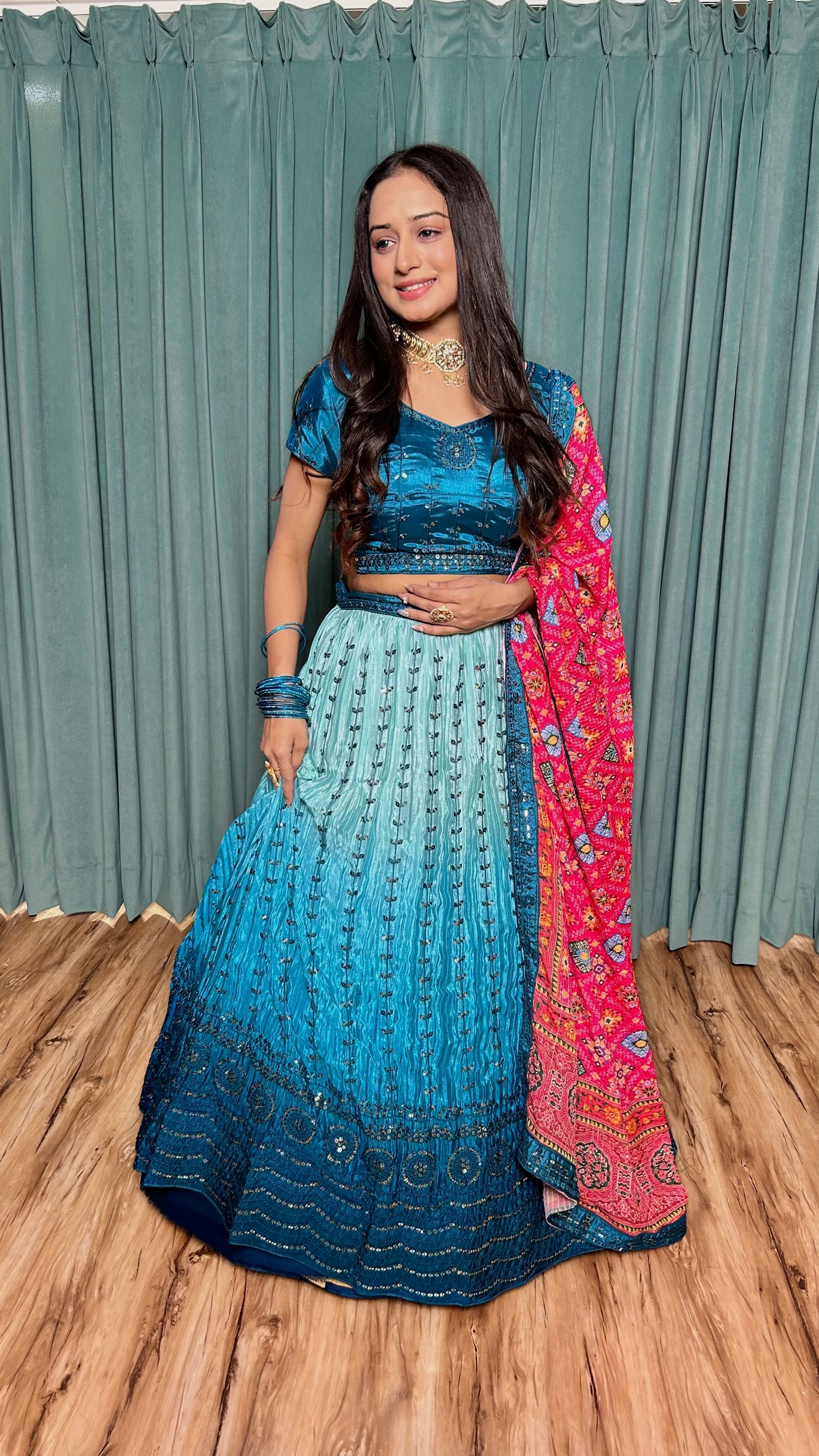 Rama Blue Chinon silk lehnga with 9mm sequins & thread work | Ready To Wear - qivii