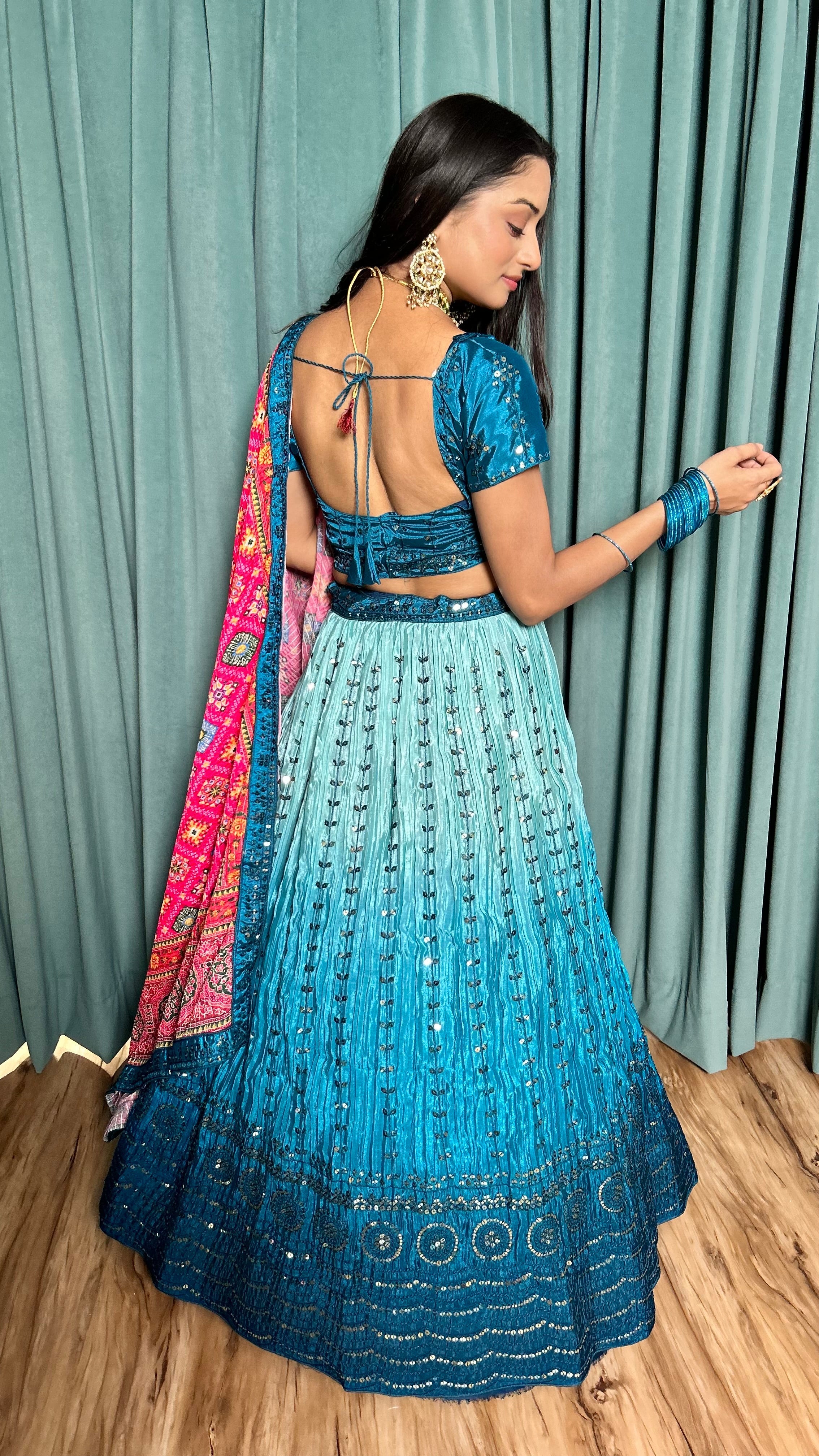 Rama Blue Chinon silk lehnga with 9mm sequins & thread work | Ready To Wear - qivii