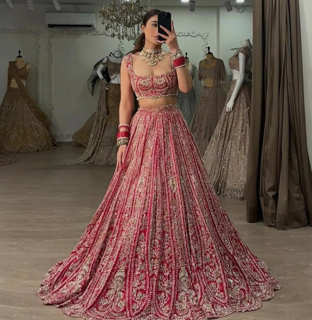 Red Premium Silk Embellished With Beautiful Thread Embroidery Work - inspired | Ready To Wear - qivii