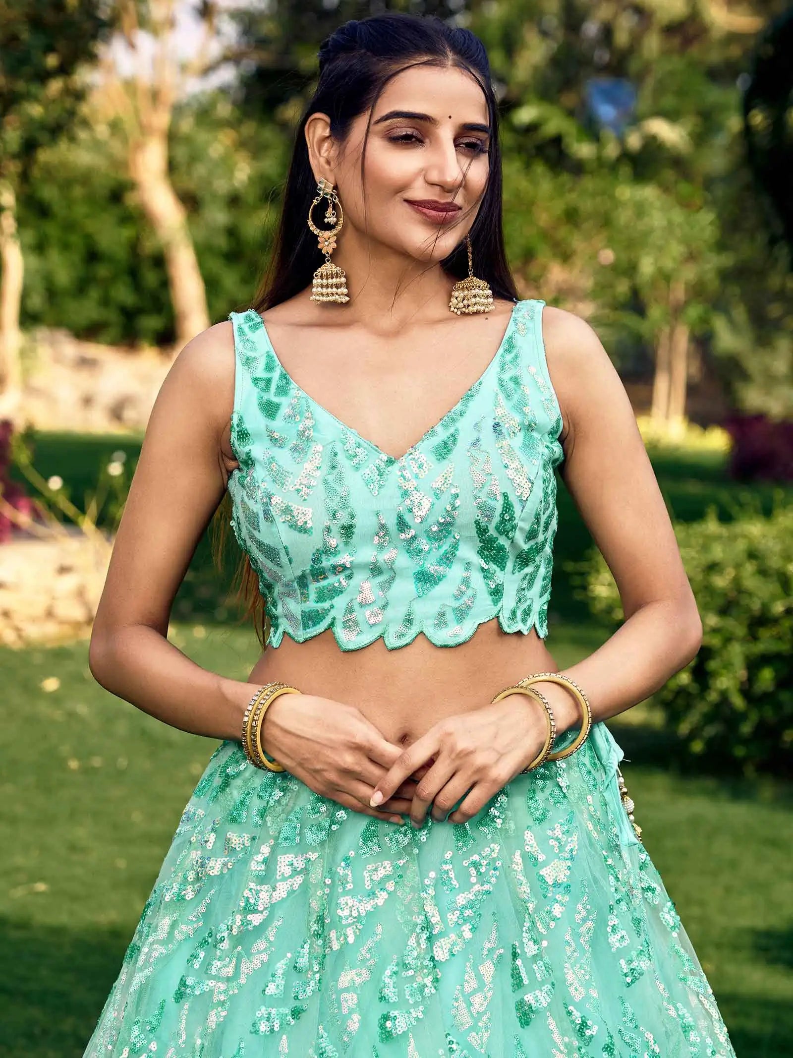Sky Blue Soft Net Lehenga With Multiple Sequins And Thread Embroidery Work | Ready To Wear - qivii