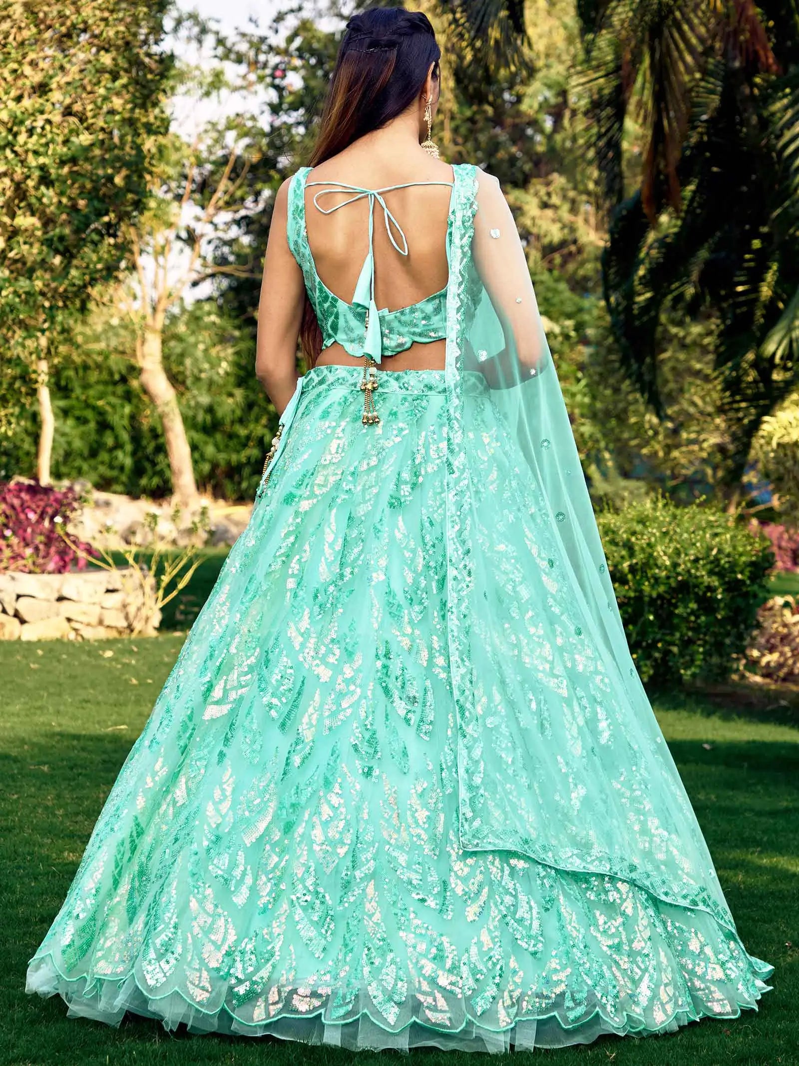Sky Blue Soft Net Lehenga With Multiple Sequins And Thread Embroidery Work | Ready To Wear - qivii