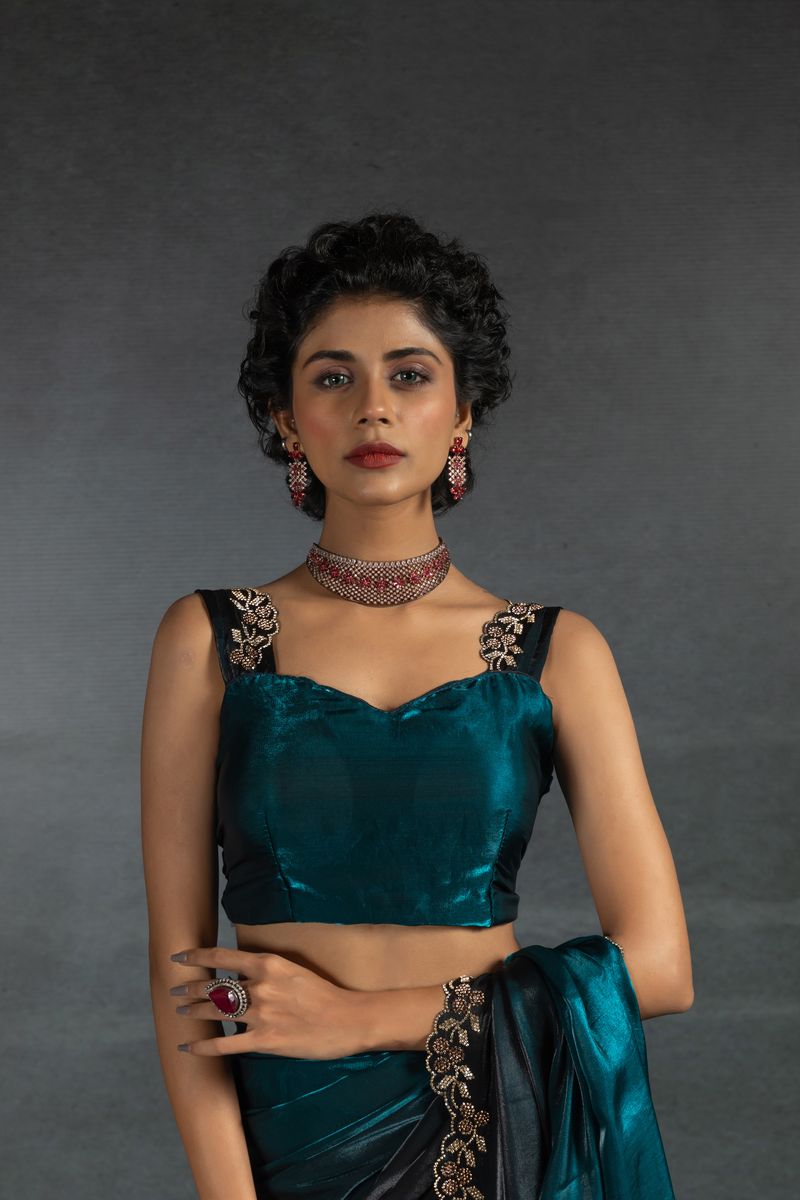 Teal BLue Two Tone Shaded Satin Silk With Zarkan Handwork & Cut Work Border Saree - qivii