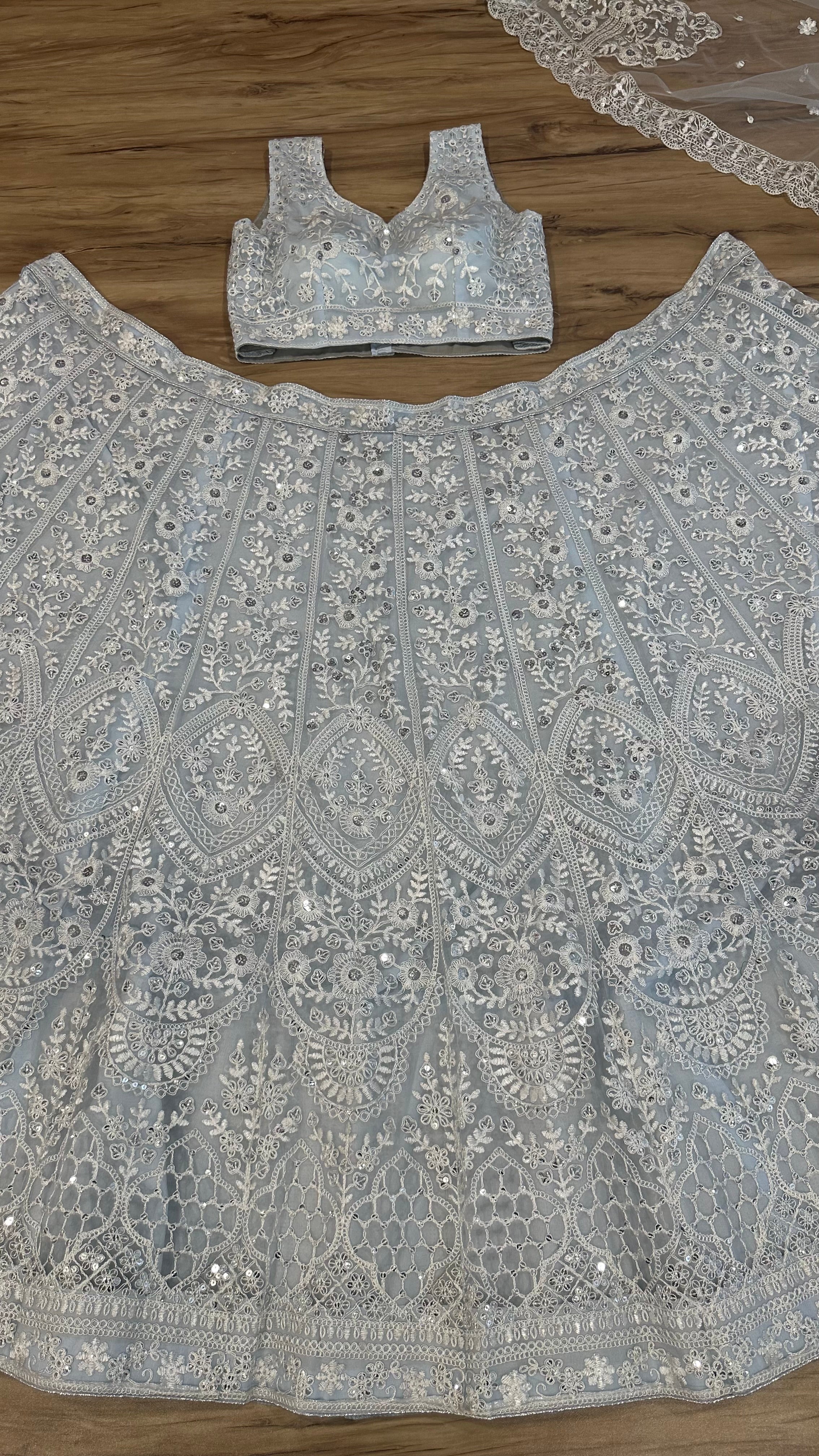 White Net lehenga with sequins & thread work - INSPIRED | Ready To Wear - qivii