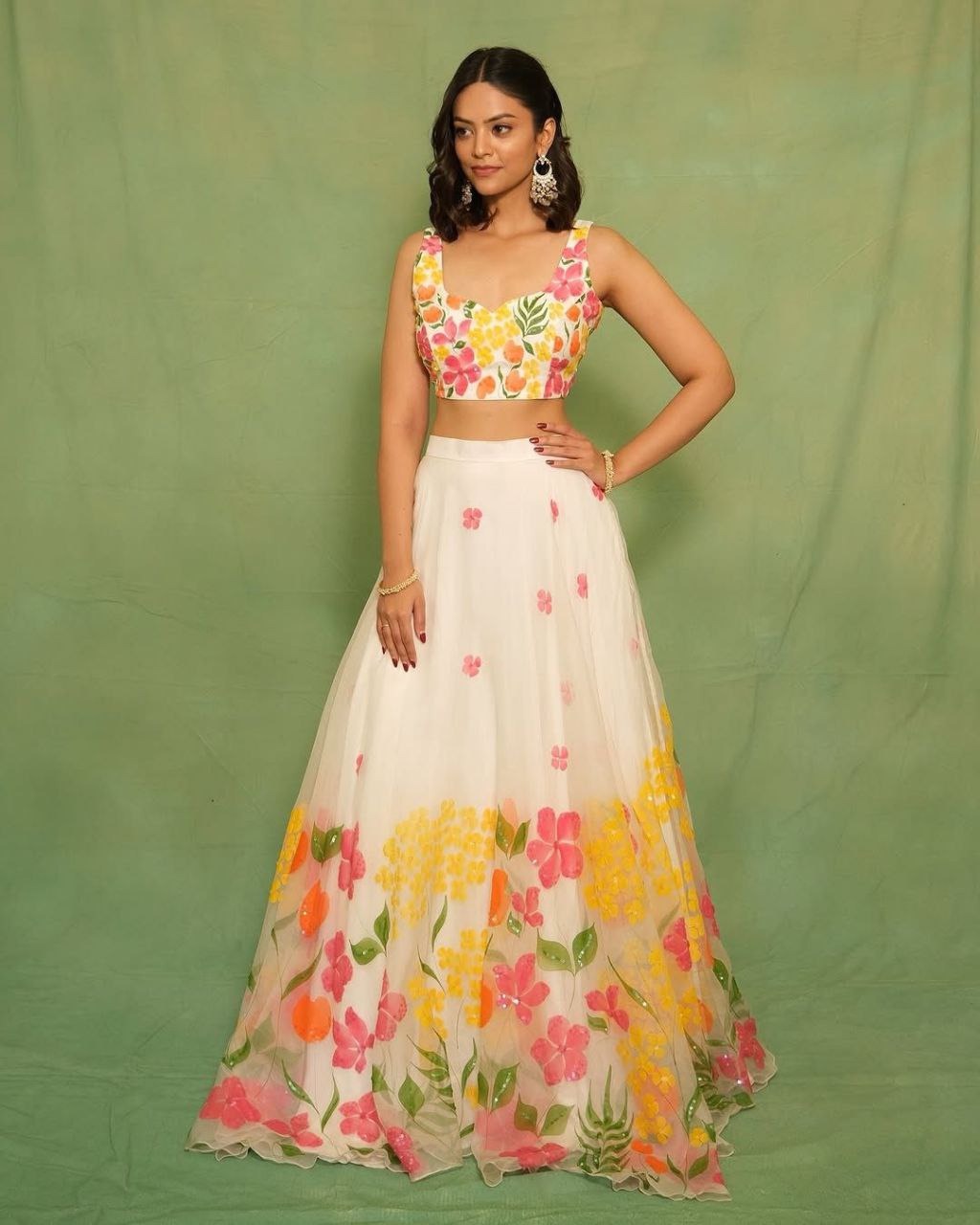White Premium Taby Silk With Beautiful Floral Print With Heavy Cancan Lehenga - INSPIRED | Ready To Wear - qivii