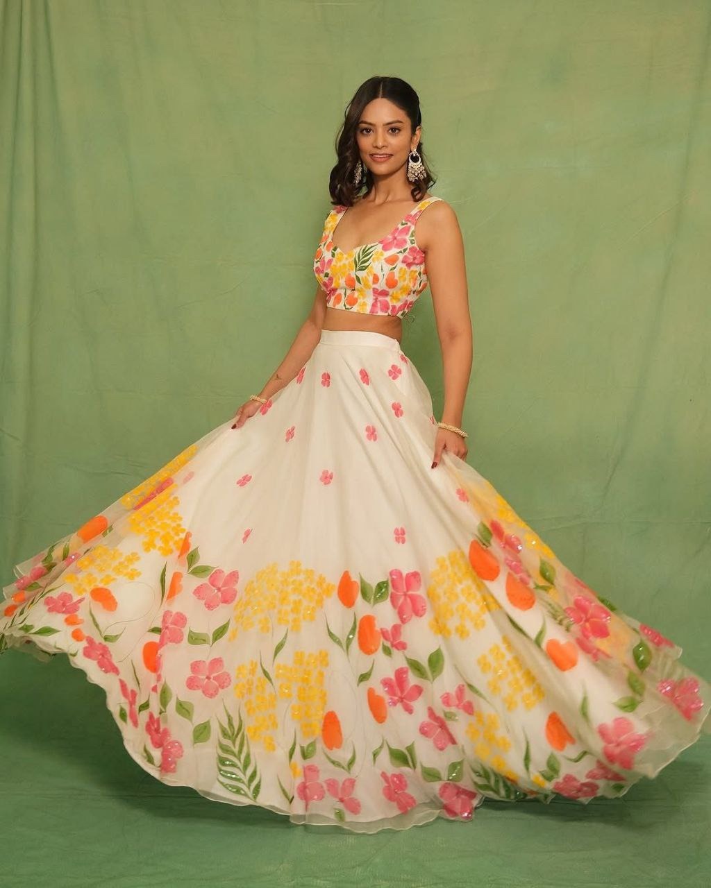 White Premium Taby Silk With Beautiful Floral Print With Heavy Cancan Lehenga - INSPIRED | Ready To Wear - qivii