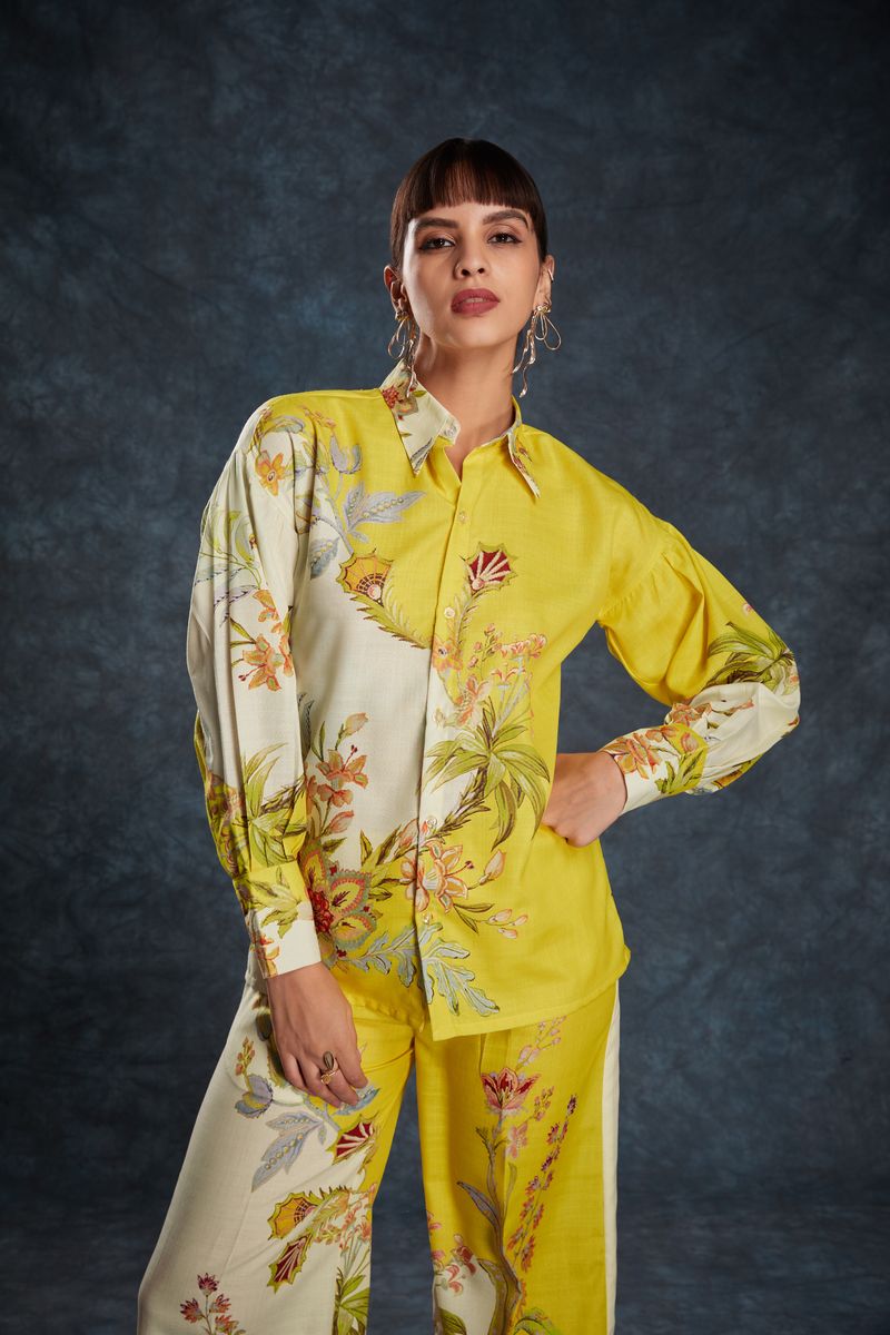 YELLOW LINEN PRINTED TOP,PANT CO-ORD SET - qivii