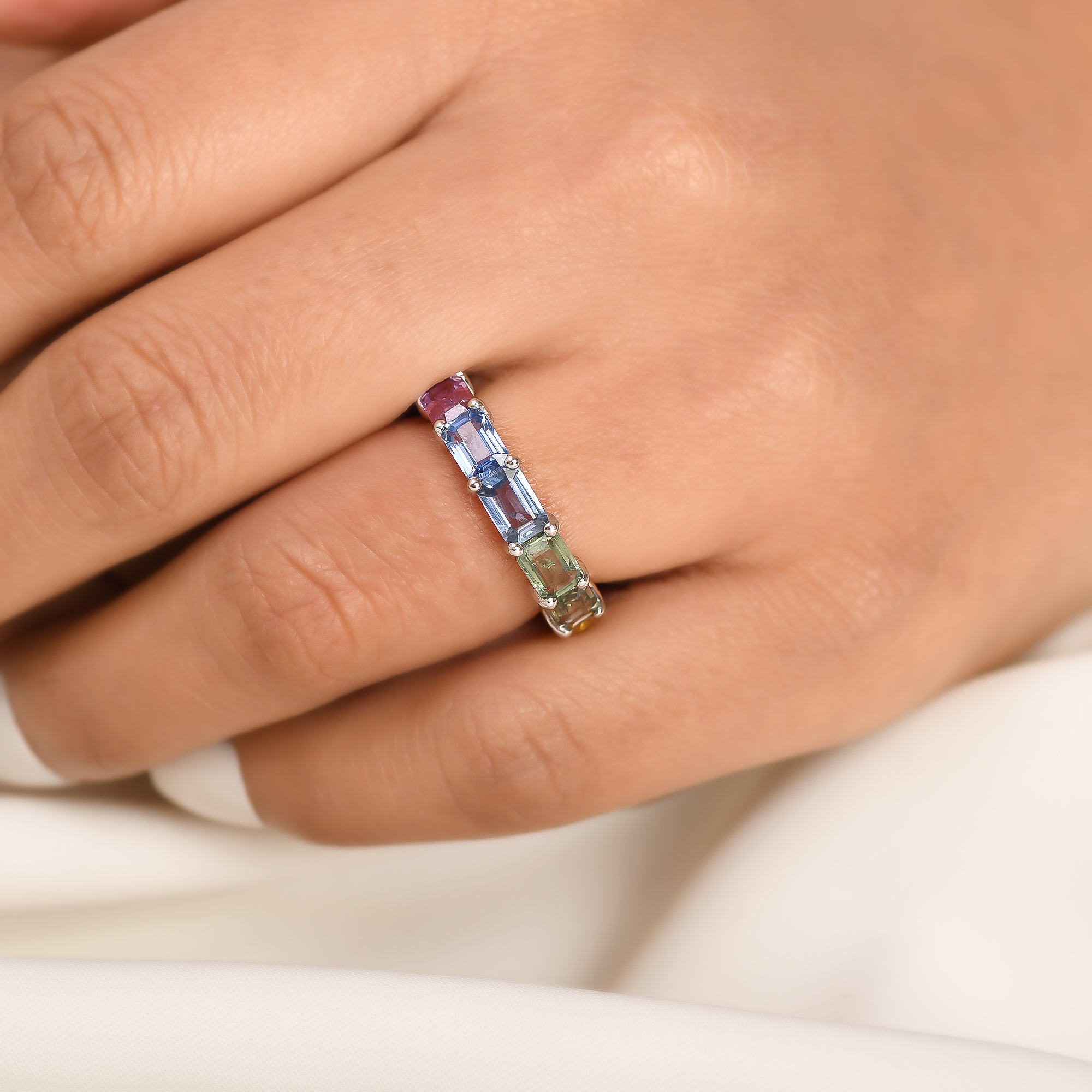 Rainbow Sapphire Emerald Cut Horizontal Ring