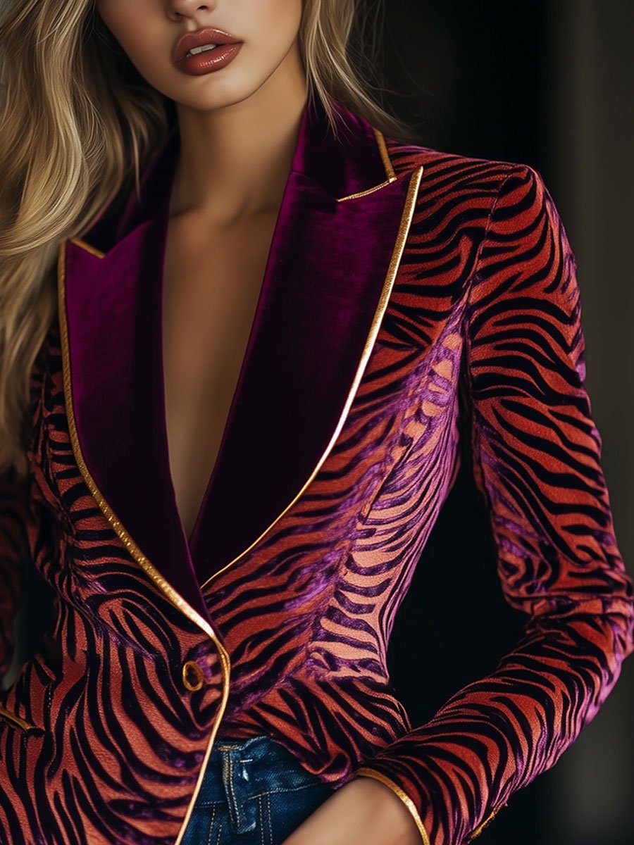 Casual Loose Vintage Velvet Zebra Pattern Gold Wire Striped Lapel Pocket Blazer