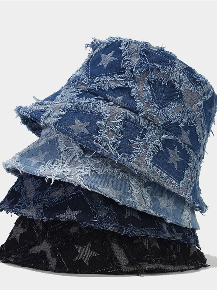 Casual Fashion Five-pointed Star Raw-edge Denim Bucket Hat - By Qivii