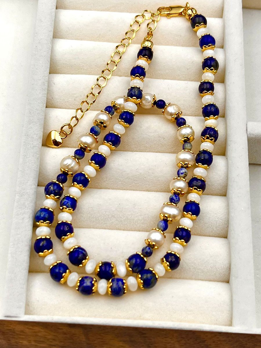 Vintage Natural Lapis Lazuli Pearl Fashion Necklace - By Qivii