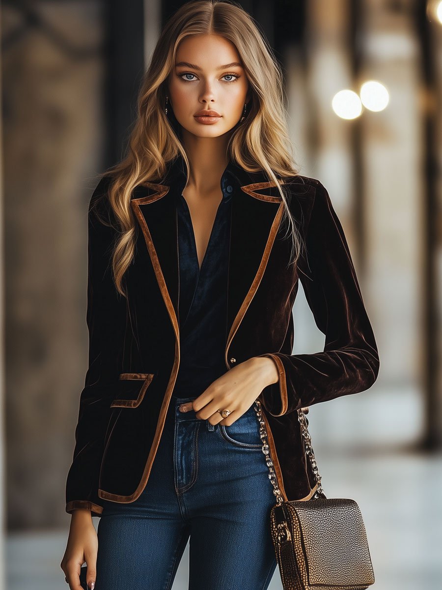 Casual Loose Vintage Velvet Colorblock Striped Pocket Blazer - By Qivii