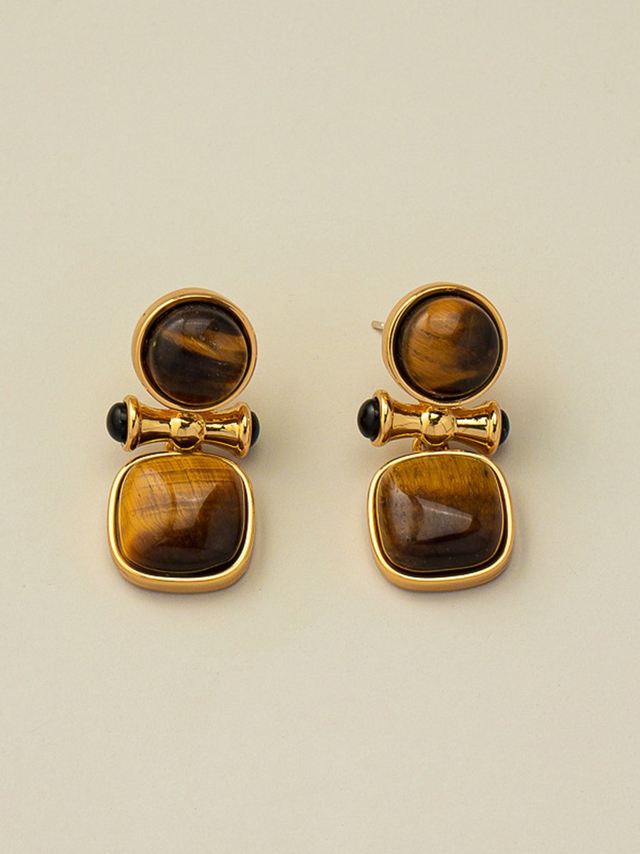 Retro Light Luxury High-end Natural Tiger Eye Stone Earrings - By Qivii
