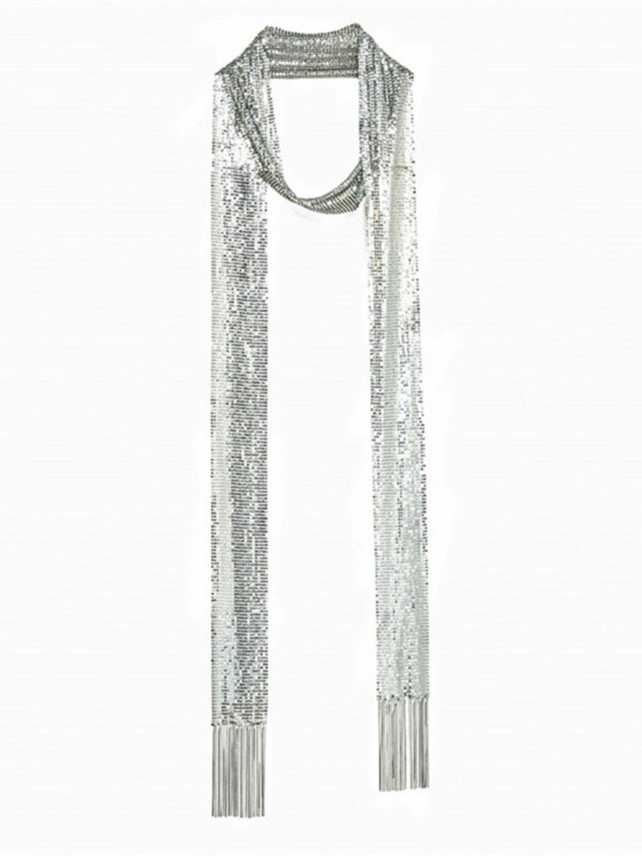 Elegant Textured Metal Sequin Long Scarf - By Qivii