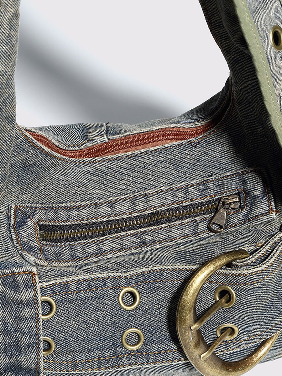 Vintage Washed Denim Shoulder Crossbody Underarm Bag - By Qivii