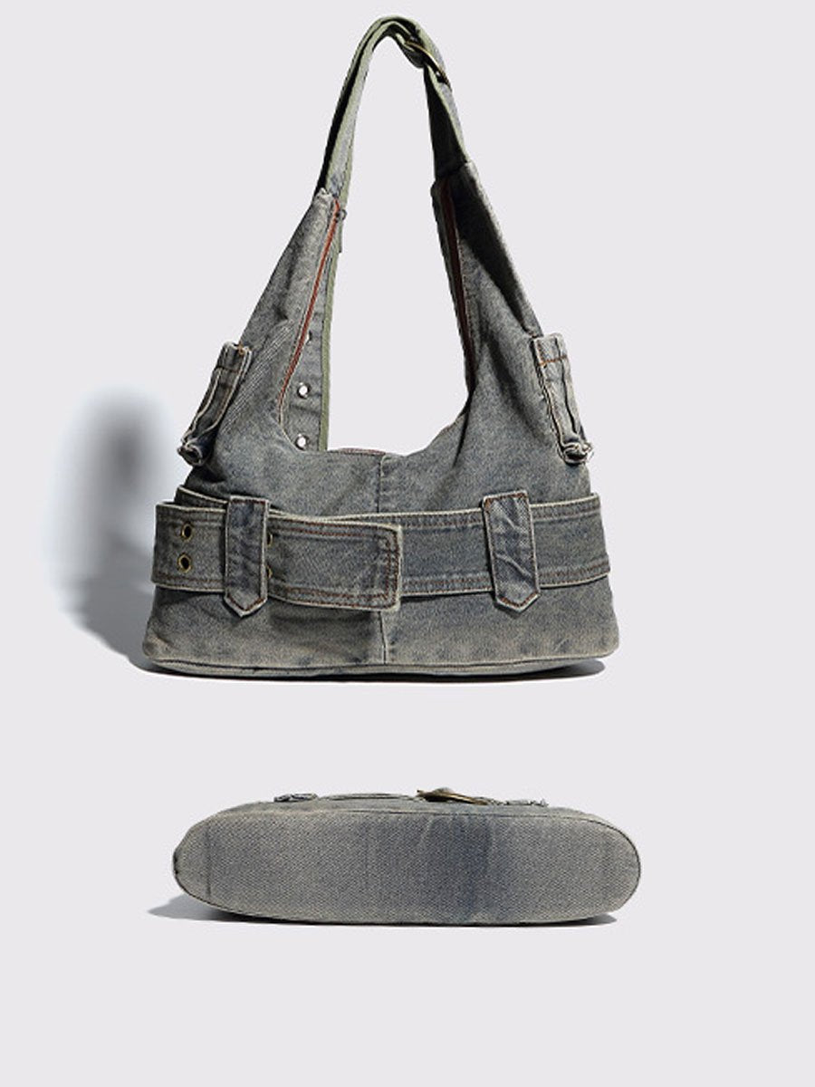 Vintage Washed Denim Shoulder Crossbody Underarm Bag - By Qivii