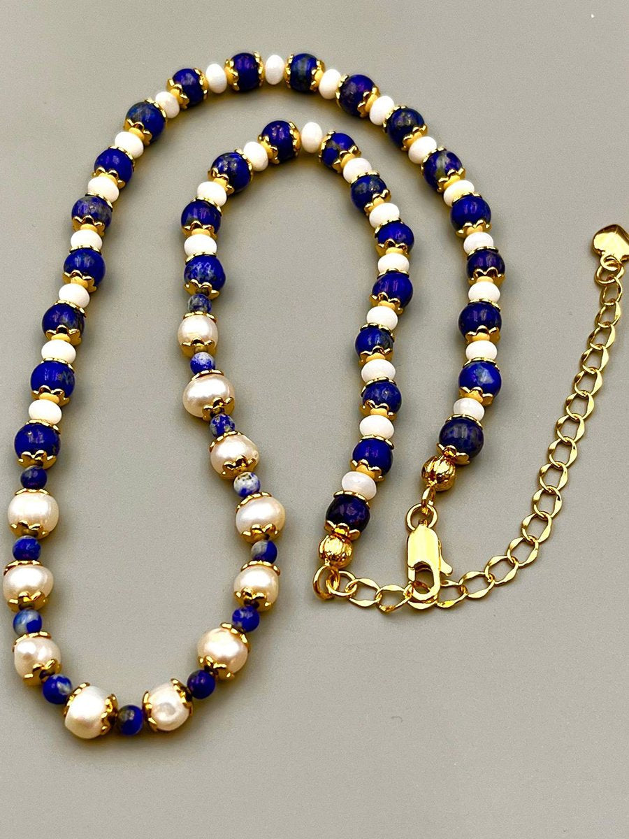 Vintage Natural Lapis Lazuli Pearl Fashion Necklace - By Qivii