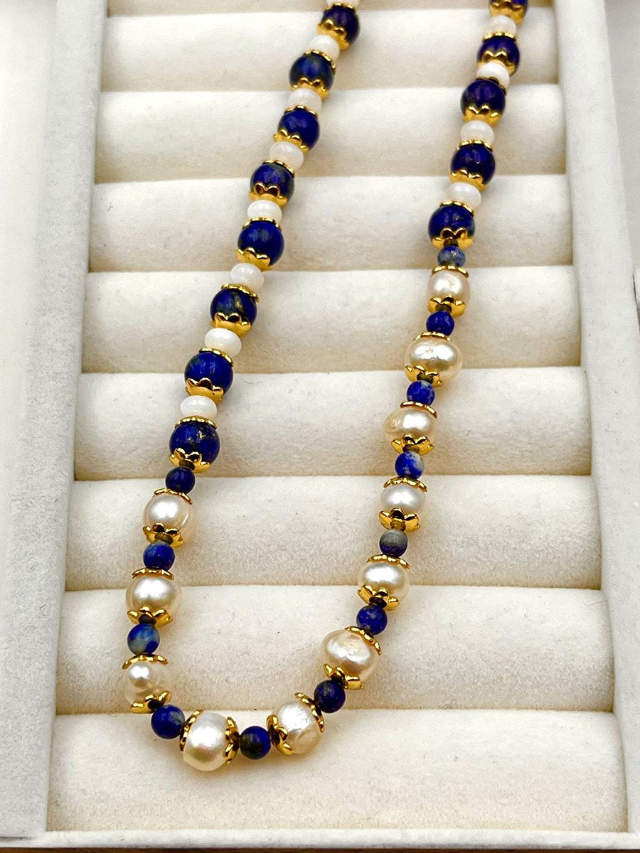 Vintage Natural Lapis Lazuli Pearl Fashion Necklace - By Qivii