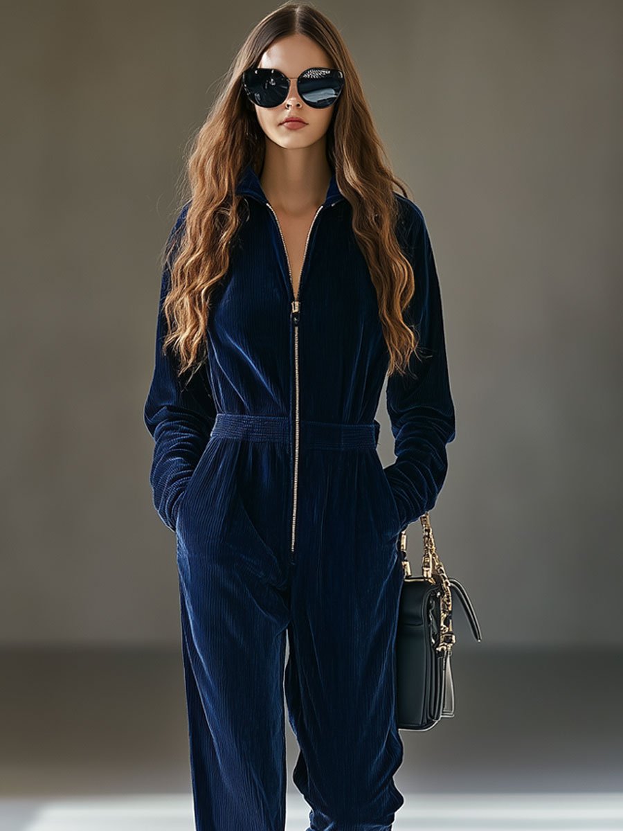 【24-hour shipping out】Casual Loose Vintage Corduroy Elastic Waist Zipper Jumpsuit - By Qivii