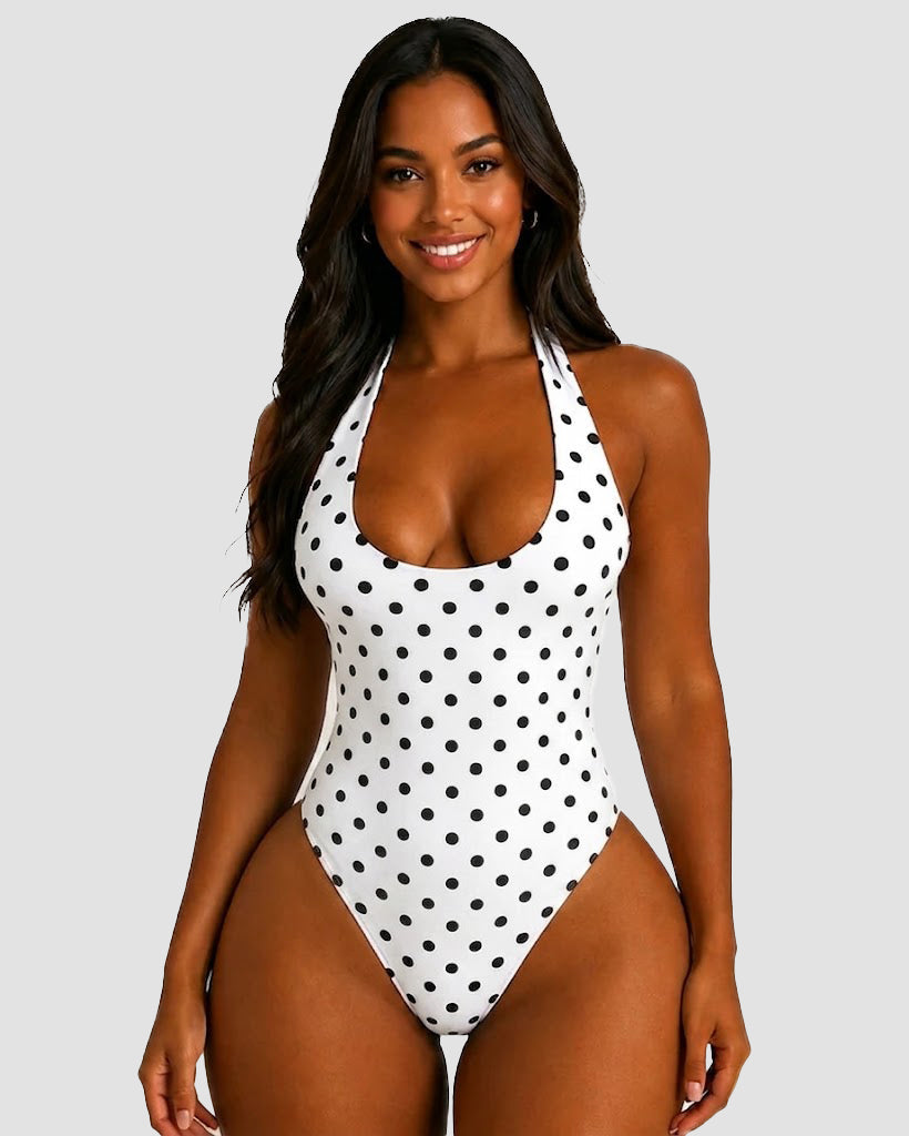 Polka Dot Halter Tie One Piece Swimsuit High Cut Hourglass Bodysuit