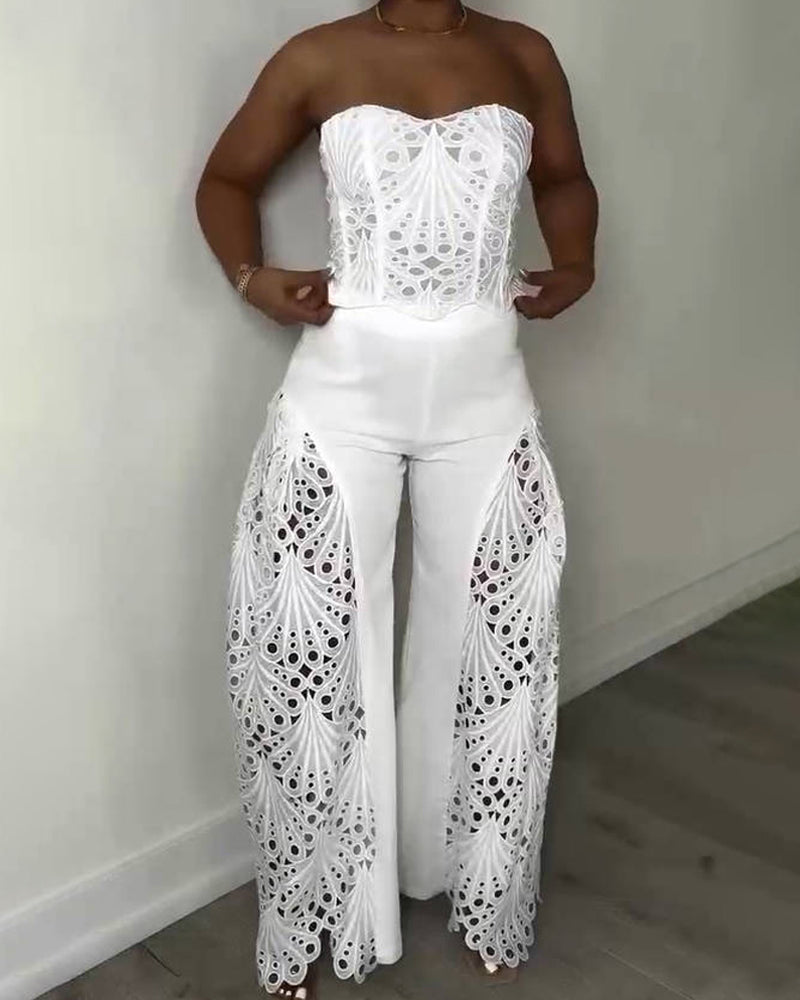 Elegant Strapless Floral Eyelet Cutout Top & Wide Leg Pants Set - By Qivii