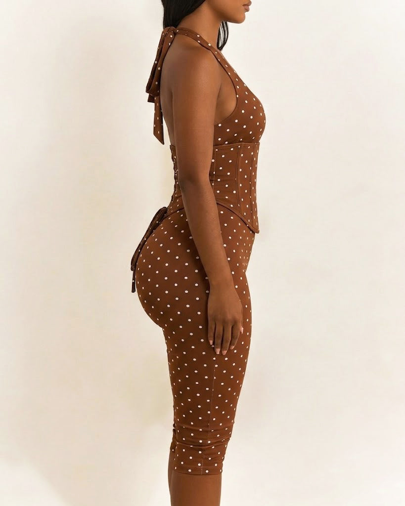 Hourglass Figure Body Shaper Waist Cincher Polka Dot Capri Jumpsuit Two-Piece Set - By Qivii