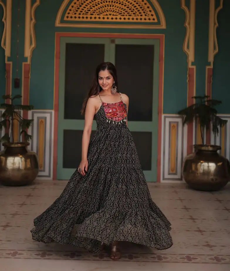 Black Bandhani Print With Kutchi Patch Work Navratri Gown - qivii