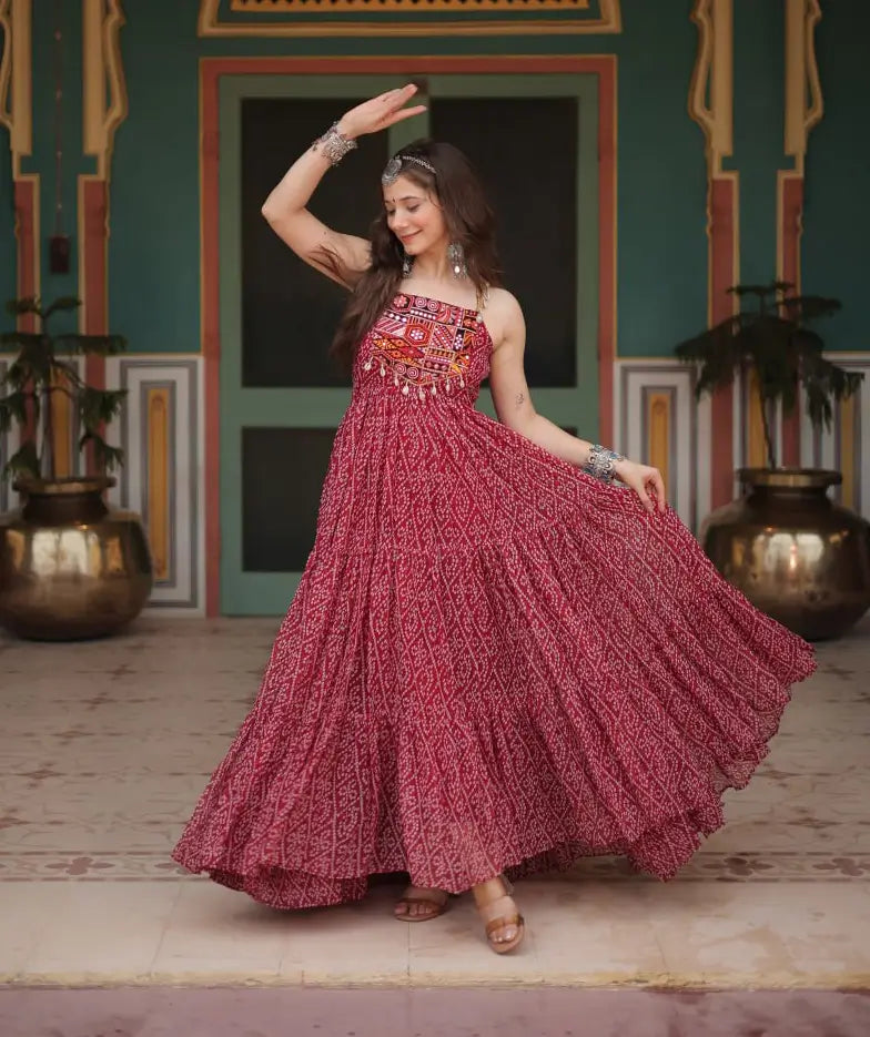 Maroon Bandhani Print With Kutchi Patch Work Navratri Gown - qivii