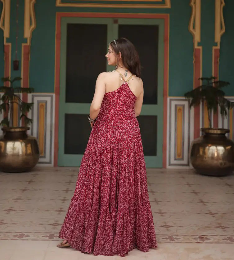 Maroon Bandhani Print With Kutchi Patch Work Navratri Gown - qivii