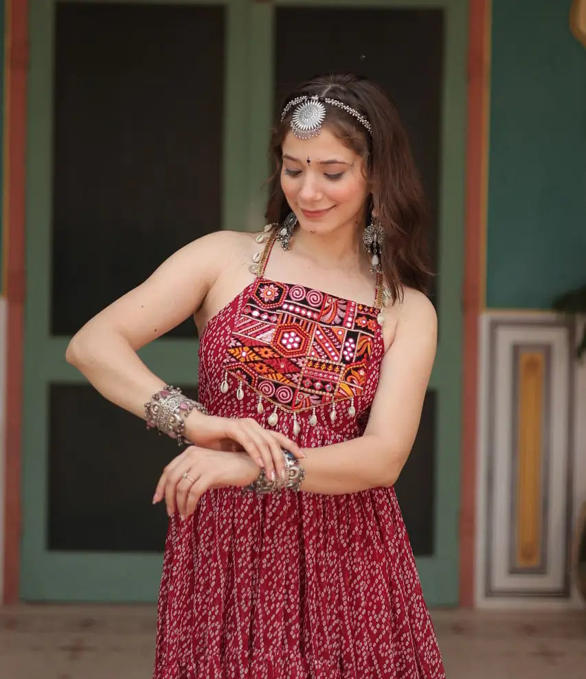 Maroon Bandhani Print With Kutchi Patch Work Navratri Gown - qivii