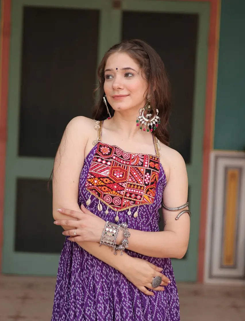 Purple Bandhani Print With Kutchi Patch Work Navratri Gown - qivii