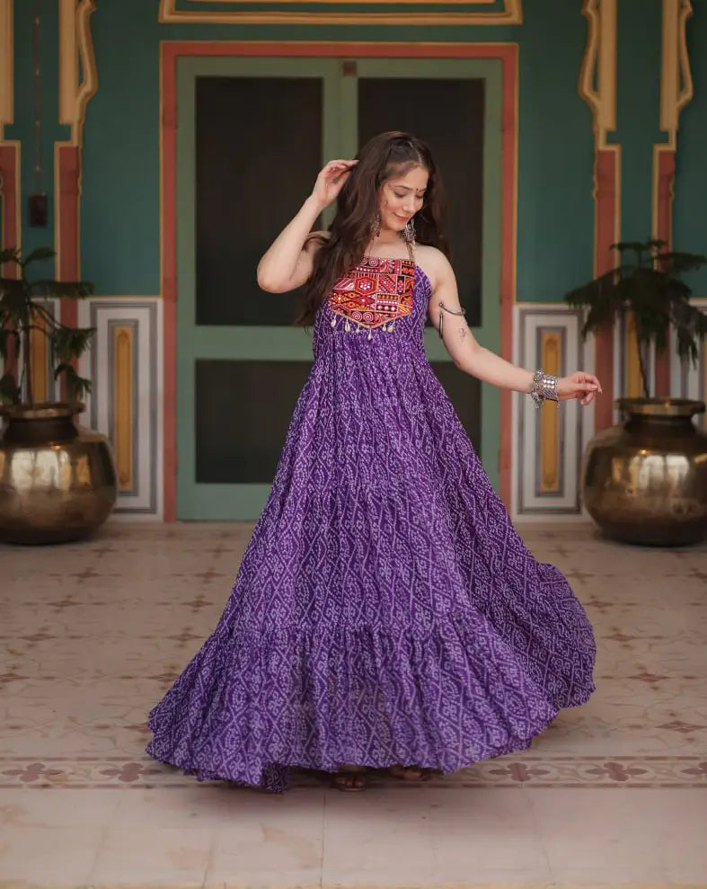 Purple Bandhani Print With Kutchi Patch Work Navratri Gown - qivii