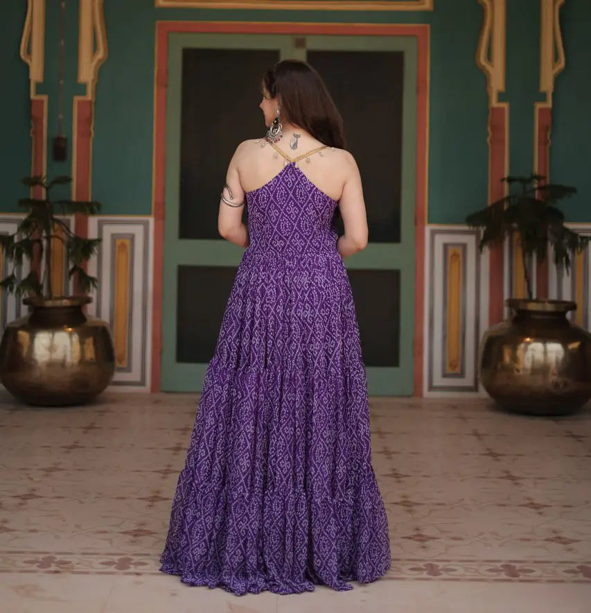 Purple Bandhani Print With Kutchi Patch Work Navratri Gown - qivii