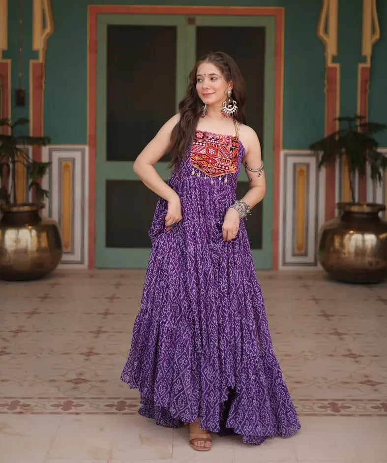 Purple Bandhani Print With Kutchi Patch Work Navratri Gown - qivii