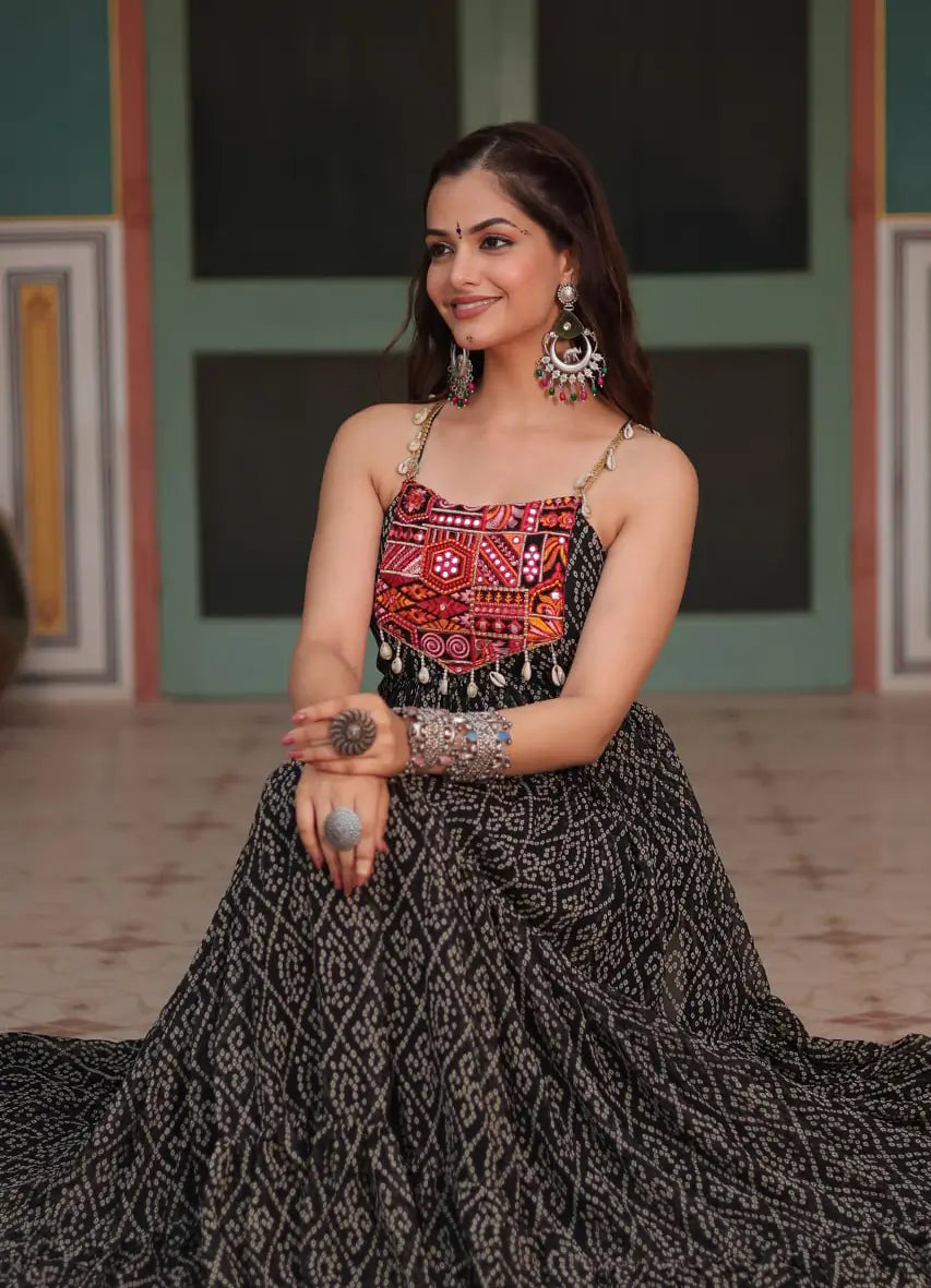 Black Bandhani Print With Kutchi Patch Work Navratri Gown - qivii