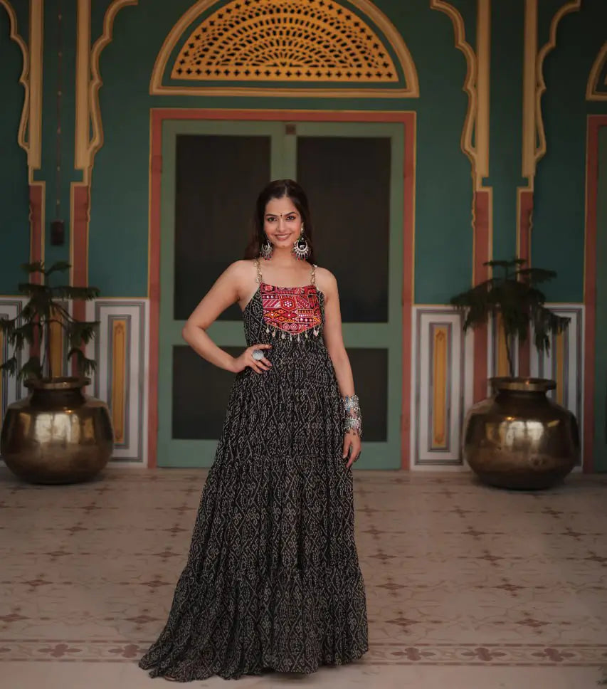Black Bandhani Print With Kutchi Patch Work Navratri Gown - qivii