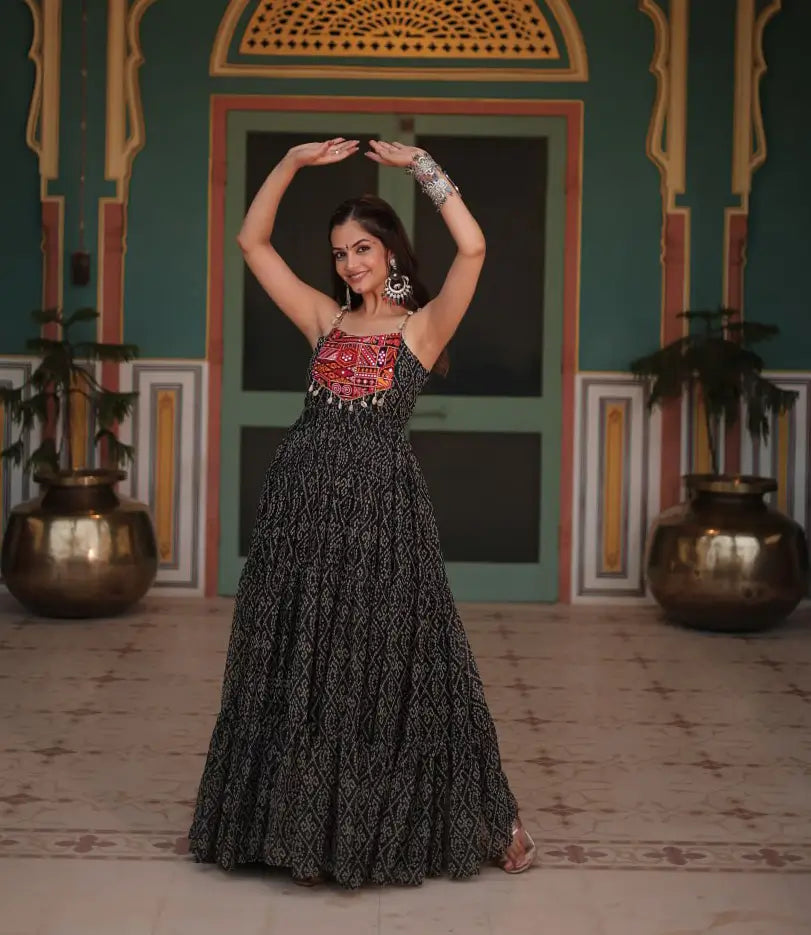 Black Bandhani Print With Kutchi Patch Work Navratri Gown - qivii