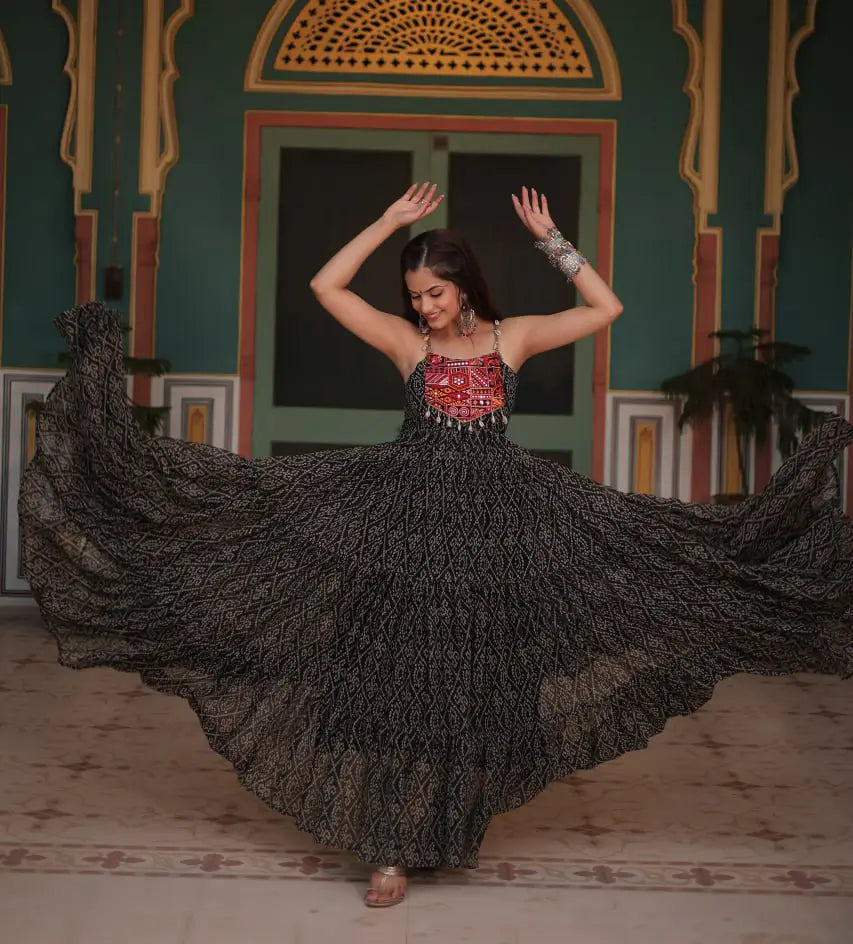Black Bandhani Print With Kutchi Patch Work Navratri Gown - qivii