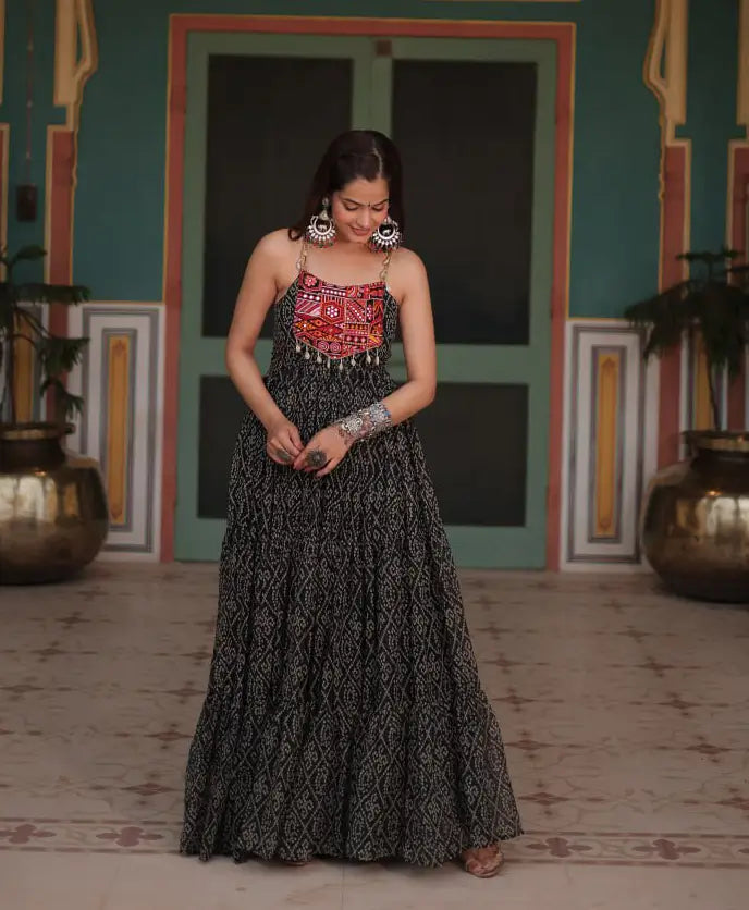 Black Bandhani Print With Kutchi Patch Work Navratri Gown - qivii