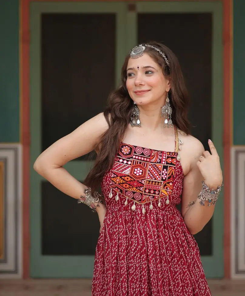 Maroon Bandhani Print With Kutchi Patch Work Navratri Gown - qivii