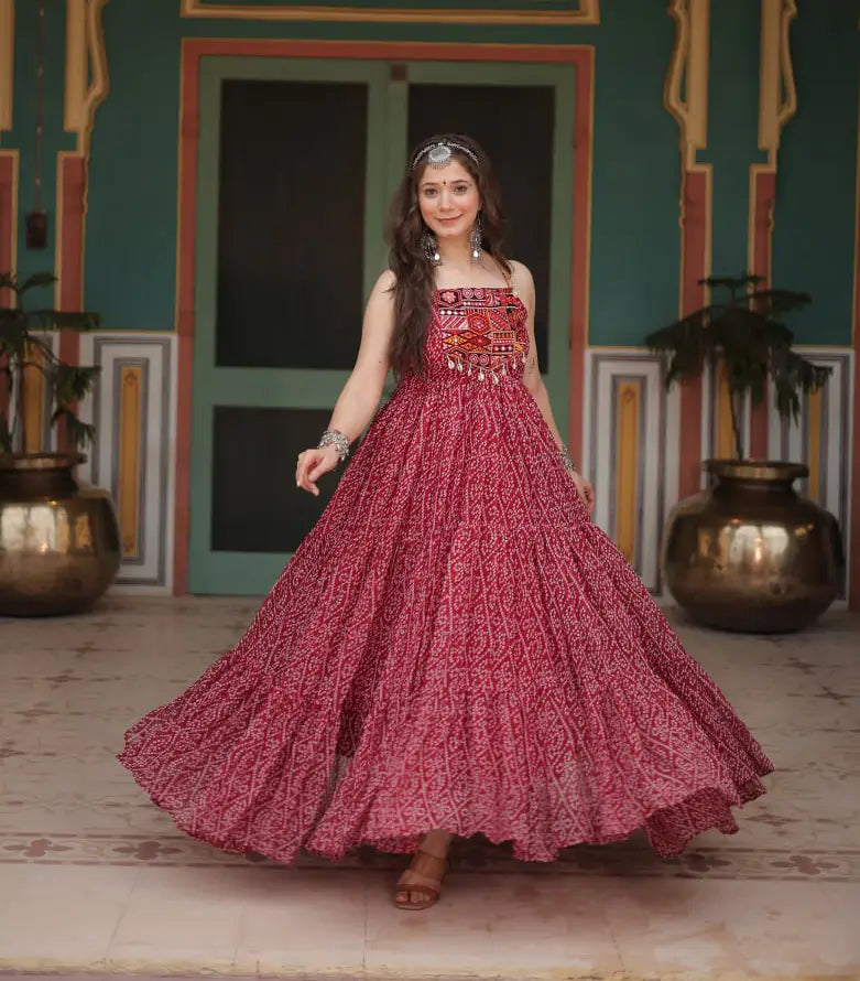 Maroon Bandhani Print With Kutchi Patch Work Navratri Gown - qivii