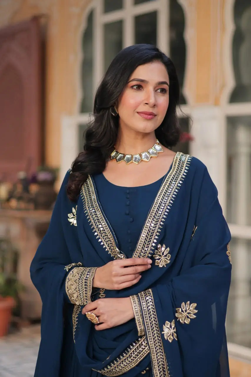 Tealish Blue Designer Gown With Sequins Embroidery work With Dupatta