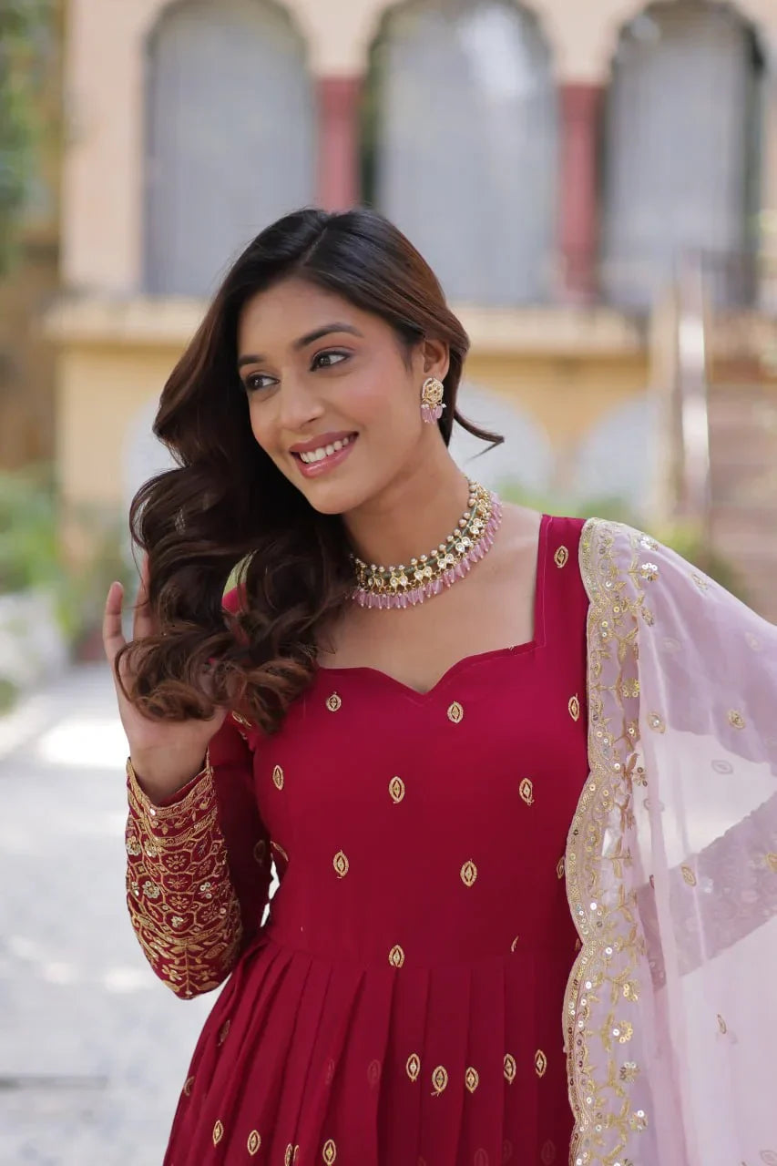 Paprika Red Georgette Sequins Embroidery Work Gown With Contras Dupatta - qivii