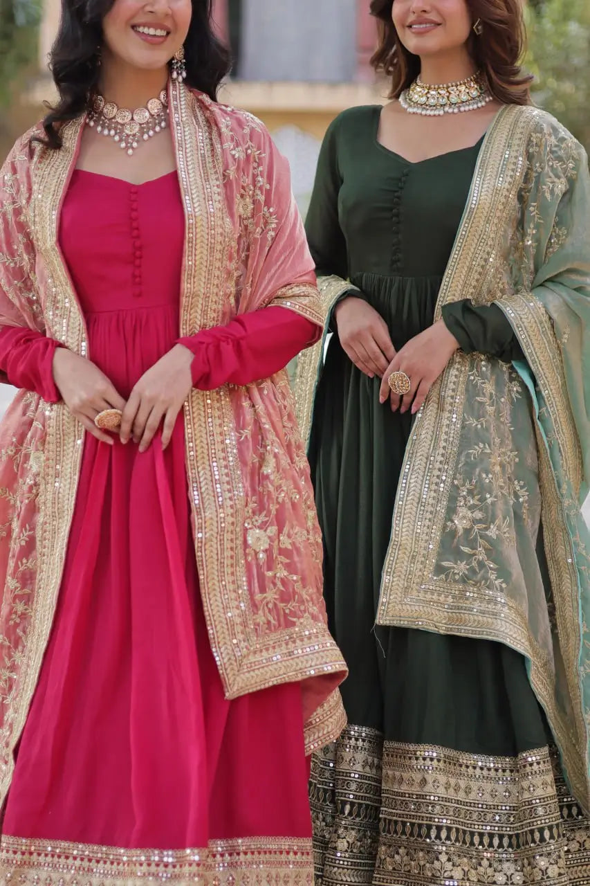 Olive Green Shimmer Vichitra Rich Sequins Embroidered Gown With Heavy Dupatta