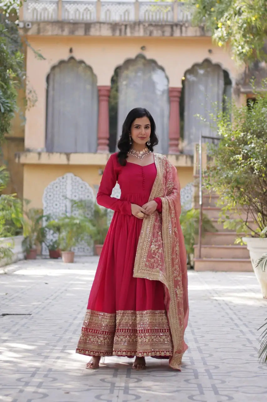 Pink Shimmer Vichitra Rich Sequins Embroidered Gown With Heavy Dupatta - qivii
